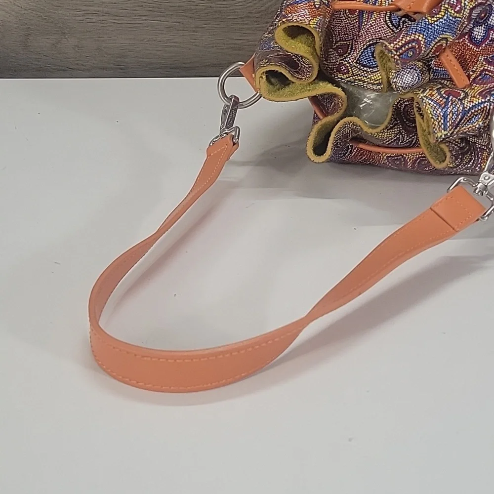 Innue Multicolor Floral Leather Drawstring Bucket Bag with Orange Trim